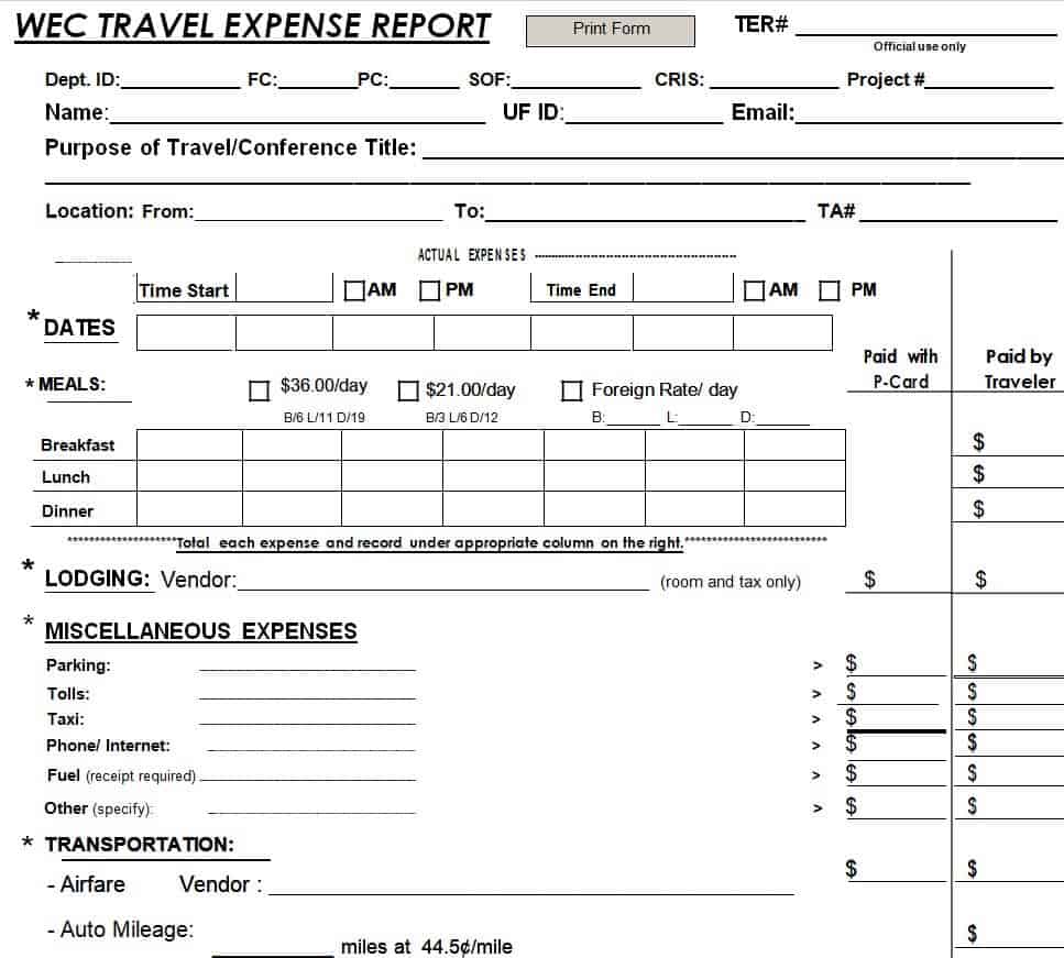 travel expense report template word