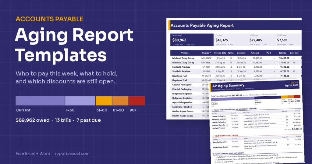 Accounts payable aging report templates in Excel and Word showing $89,962 owed to suppliers split into aging buckets, with a weekly payment run summary