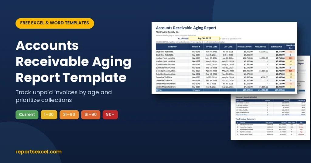 Accounts receivable aging report template in Excel and Word with invoice aging buckets