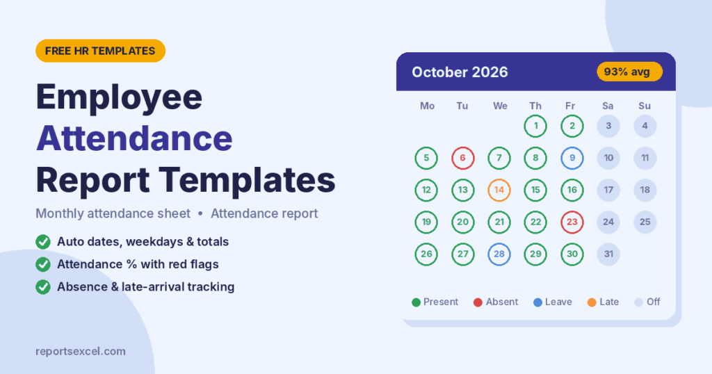 Free employee attendance report templates in Excel and Word with monthly attendance calendar showing present, absent, leave and late days