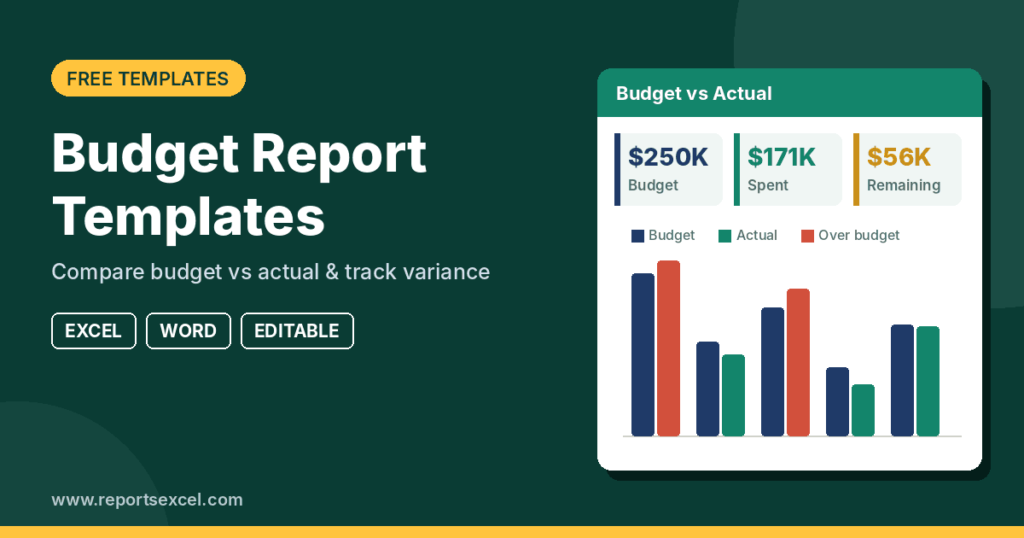Free budget report templates in Excel and Word with budget vs actual dashboard showing budget, spent and remaining amounts and a budget vs actual bar chart