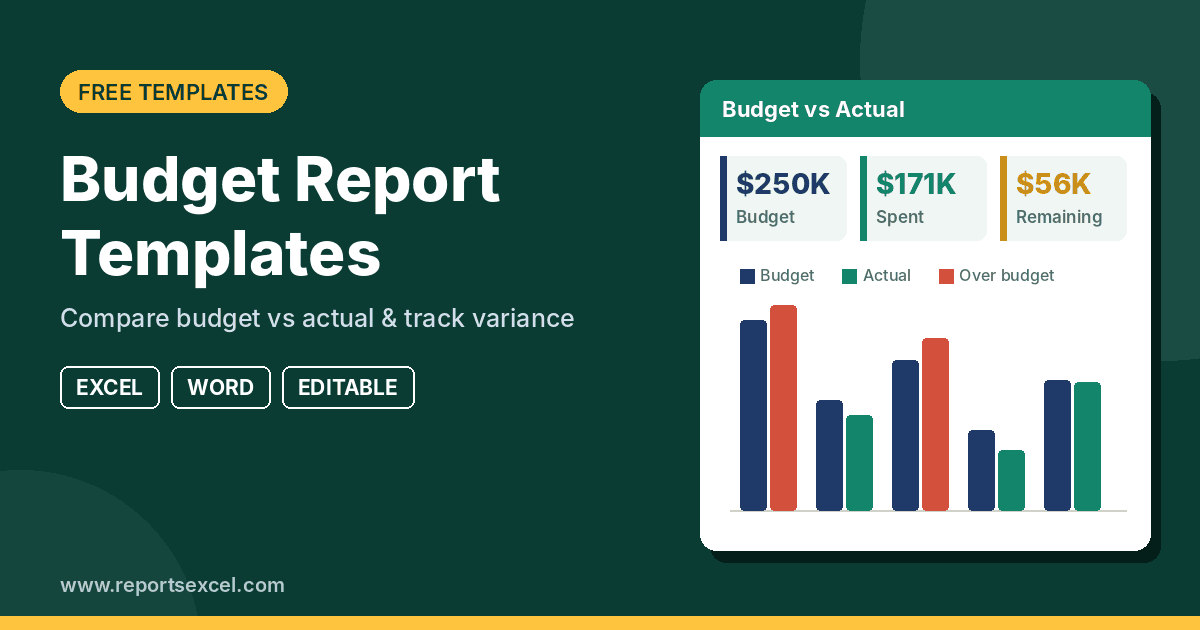 Free budget report templates in Excel and Word with budget vs actual dashboard showing budget, spent and remaining amounts and a budget vs actual bar chart