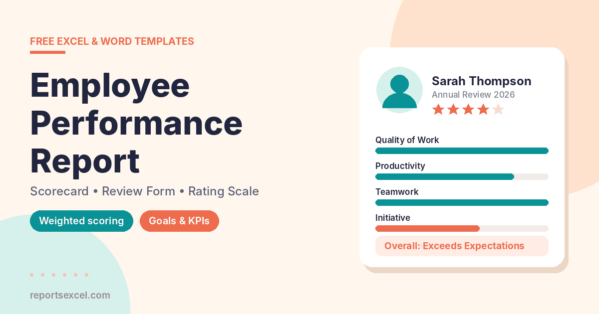 Free employee performance report templates in Excel and Word with employee review card showing star rating, competency scores and overall rating