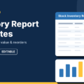 Inventory report templates featured image showing a stock inventory spreadsheet with status colours, a stock level bar chart and cardboard boxes