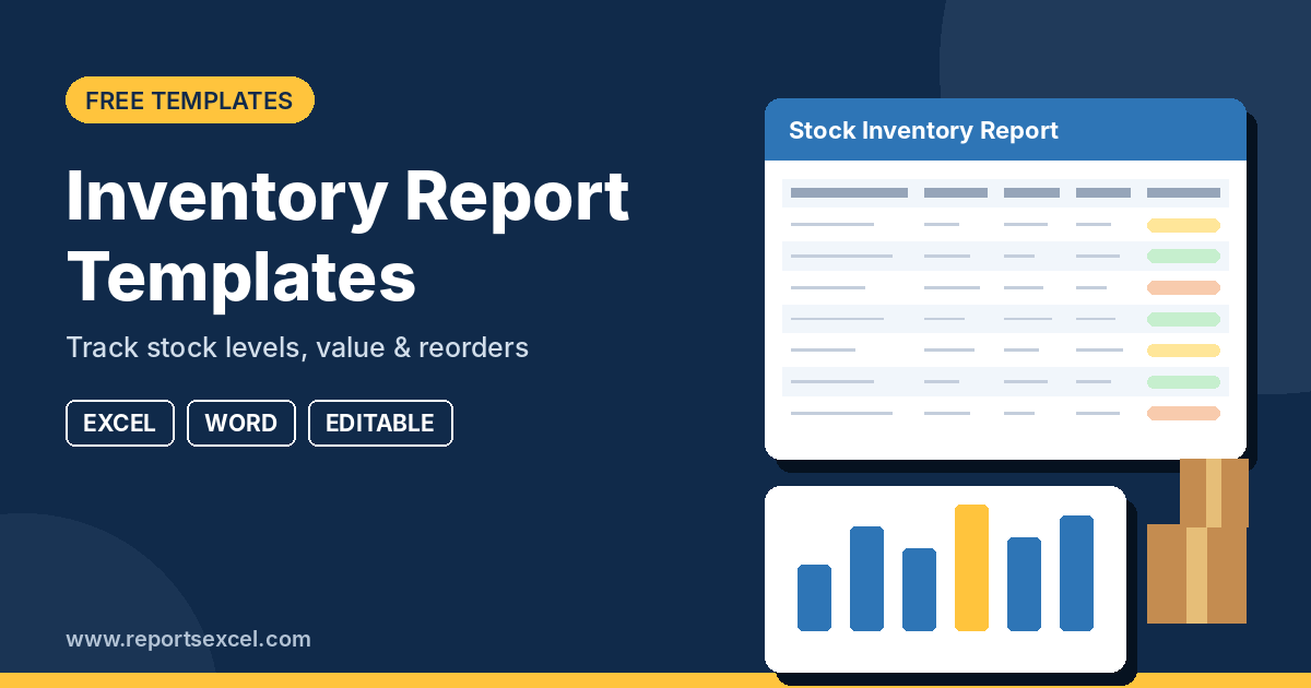 Inventory report templates featured image showing a stock inventory spreadsheet with status colours, a stock level bar chart and cardboard boxes