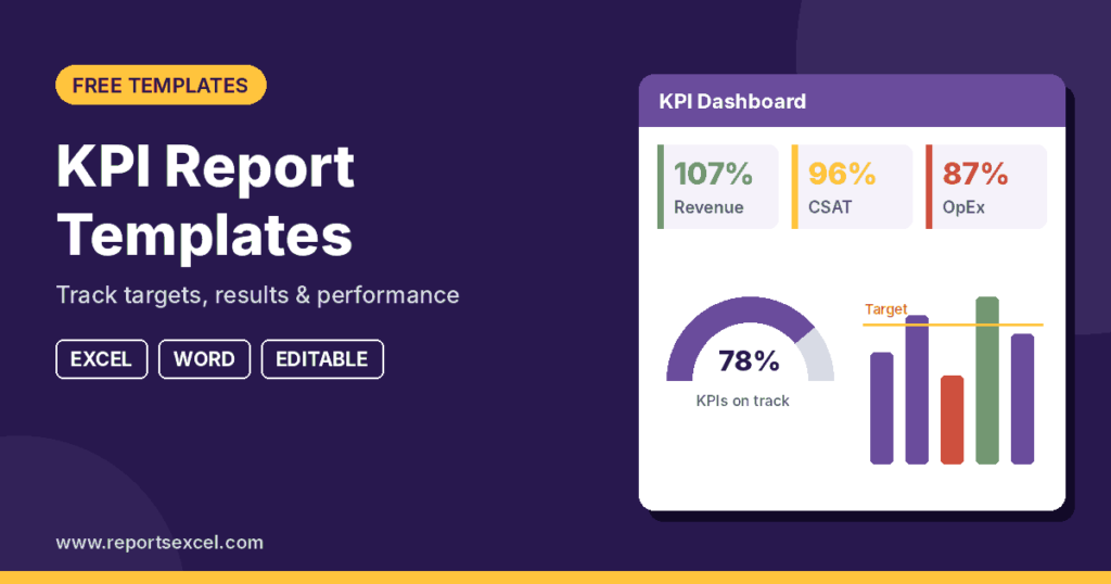 Free KPI report templates in Excel and Word with KPI dashboard showing revenue, CSAT and OpEx achievement, KPIs on track gauge and target bar chart