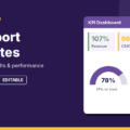 Free KPI report templates in Excel and Word with KPI dashboard showing revenue, CSAT and OpEx achievement, KPIs on track gauge and target bar chart