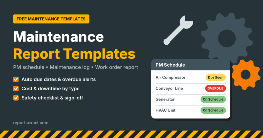 Free maintenance report templates in Excel and Word with preventive maintenance schedule card, gears and wrench