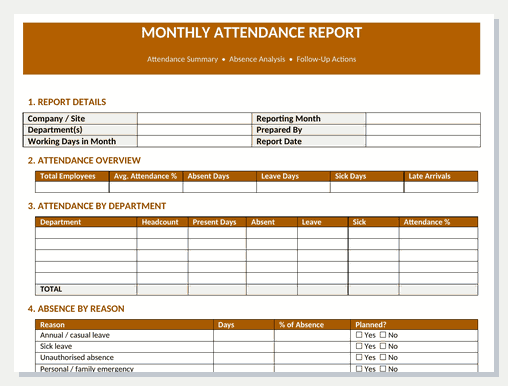 Word monthly attendance report template preview with report details, attendance overview, department attendance table and absence by reason section