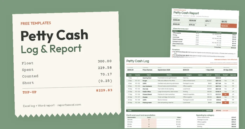 Free petty cash templates showing a receipt-style summary of a $300 float, $229.58 spent and a $229.83 top-up, with an Excel petty cash log and a Word monthly report