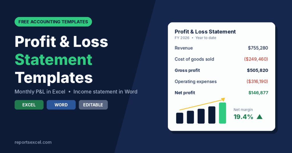 Free profit and loss statement templates in Excel and Word with P&L statement card showing revenue, gross profit and net profit