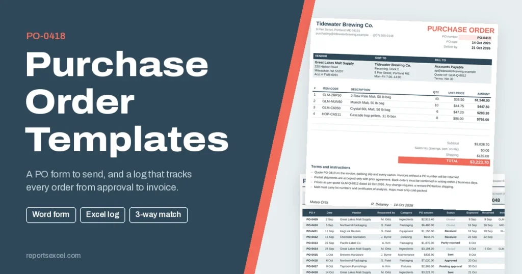 Purchase order templates showing a Word PO form for PO-0418 totaling $3,223.70 and an Excel purchase order log with late delivery and invoice mismatch flags