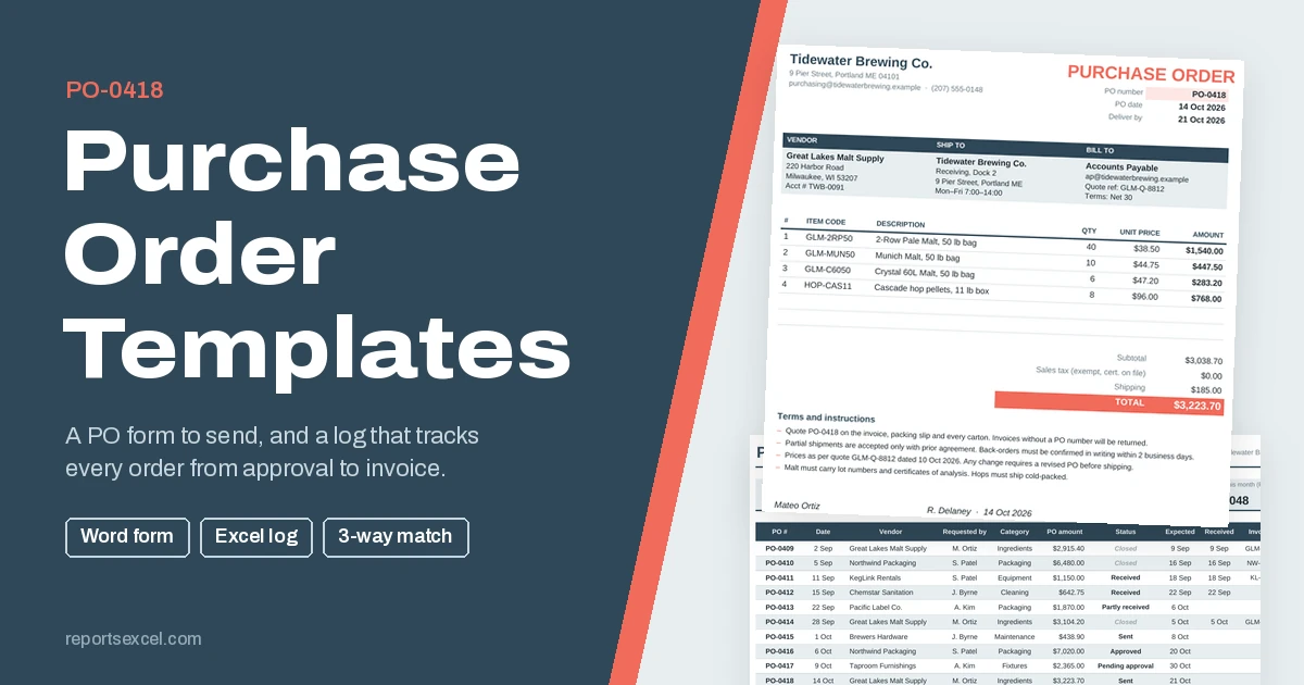 Purchase order templates showing a Word PO form for PO-0418 totaling $3,223.70 and an Excel purchase order log with late delivery and invoice mismatch flags