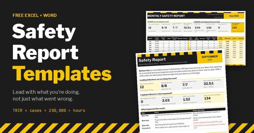Free safety report templates in black and hazard yellow showing an Excel monthly safety dashboard with a 3.03 year-to-date TRIR and a one-page Word safety report