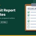 Site visit report templates featured image showing a clipboard checklist with priority colours and a yellow construction hard hat